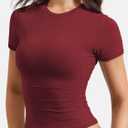 YEOREO Women Fitted Workout Tops Short Sleeve Double Lined Basic Y2K Going Out Crew Neck Compression Crop Top (Red, XS)