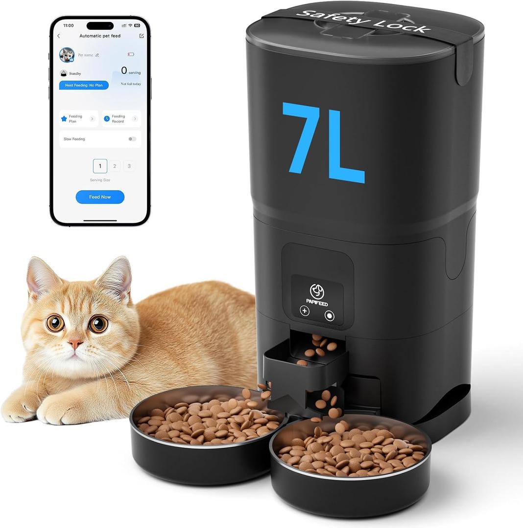 PAPIFEED Automatic Cat Feeder 2 Cats, 2.4G WiFi Cat Food Dispenser with App, 7L Slow Feeder Timed Cat Feeder for Dry Food, 10 Meals/Day, 12 Portions/Meal, Smart Pet Feeder for Small Dog