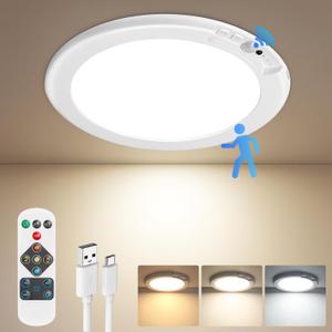 Rechargeable Motion Sensor Ceiling Light with Remote, Battery Operated Closet Light No Wiring, Wireless LED Shower Lights, 3 Colors Dimmable Indoor Overhead Lamp for Closet Shower Pantry Shed Hallway