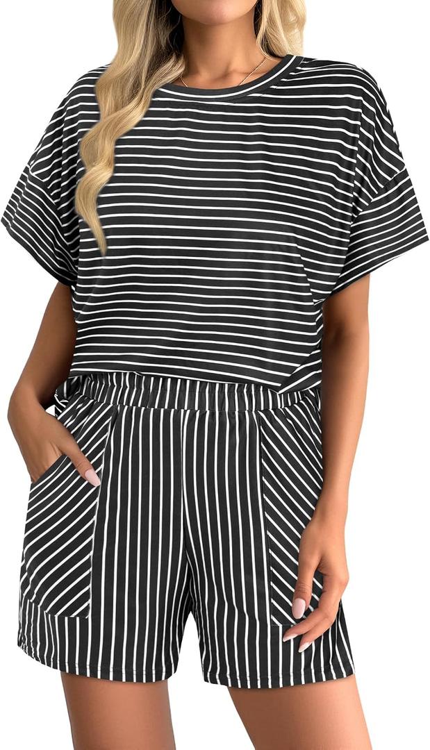 Hilinker Womens Striped 2 Piece Lounge Sets Short Sleeve Tops and Short Set Summer Matching Outfits Black White Small (Black, S)