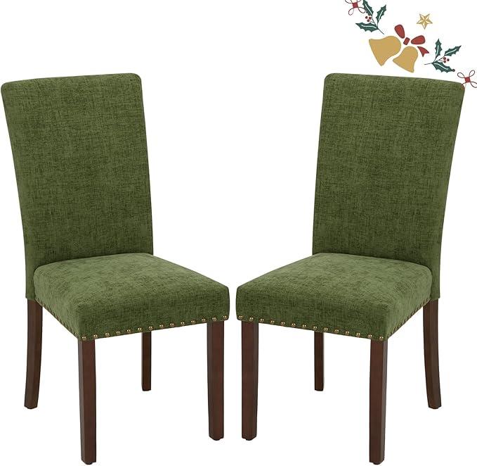 Parsons Dining Chairs Set of 2  Upholstered Nailhead Dining Room Kitchen Side Chair with Thick Cushions and Wood Legs, Green