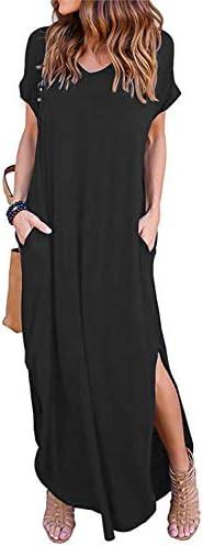 Arolina Women's Summer Maxi Dress Short Sleeve V Neck Casual Loose Long Beach Split Dresses with Pockets.XL