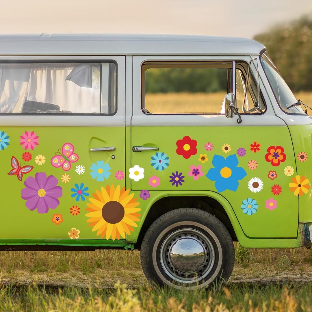 Fuutreo 12 Sheets Daisy Stickers 130 Pcs Flower Car Decals Self Adhesive Vinyl Retro Butterfly Flower Car Sticker for Bumper Mirror Window Clings Laptop Wall Decoration(Bright Color,Mix Style)