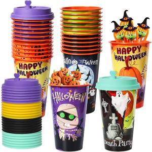 24 Pack Halloween Party Favors Goodie Cups - Bats, Ghost, Cats, Pumpkin, Witch, Spider Patterns - 16OZ Reusable Plastic Cups With Lids and Plugs for Party Decorations