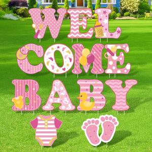 13 Pcs Baby Shower Yard Sign 'welcome Baby' Yard Signs with Stakes, 15 Inch Tall Girl boy Lawn Sign Gender Reveal Outdoor Decoration Welcome Home Newborn Announcement for Party Decorations(Pink)