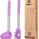 Silicone Pasta Fork and Ladle Spoon Set, Large Non Stick Kitchen Utensils for Cooking,Stirring,Serving Spaghetti, Soup, Sauce (PURPLE)