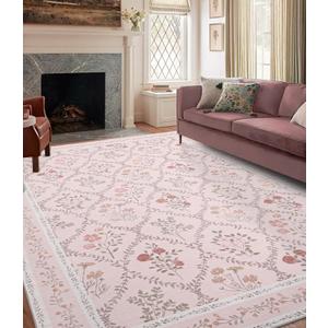 YIHOUSE Washable 8x10 Area Rugs for Living Room, Pink Floral Rug for Bedroom Girls Non Slip Ultra-Thin, Large Boho Carpet for Kids Playroom, Classroom, Dorm, Nursery, Home Decor