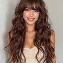 AISI HAIR Beginner Friendly Wigs Brown Wig with Bangs Long Wavy Synthetic Wig for Women with Daily Party Use
