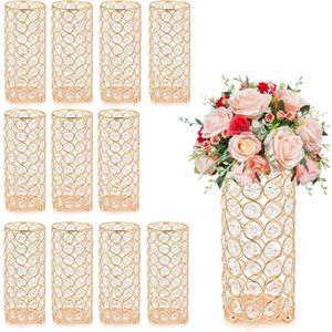 Elegant Crystal Column Vase/Pillar Candle Holder Set, Wedding/Parties Table Centerpieces, Cylinder Flower Display for Weddings & Home Decor (8, Gold)