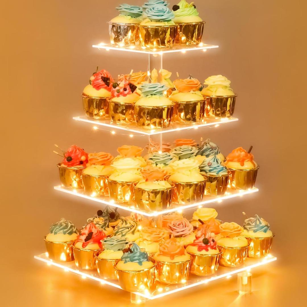 4 Tier Acrylic Cupcake Display Stand, Cupcake Tower Stand with Light, Cupcake Tier Stand for 50 Cupcakes, Clear Cupcake Stands for Weddings, Birthdays, Party, Graduation (Yellow01)