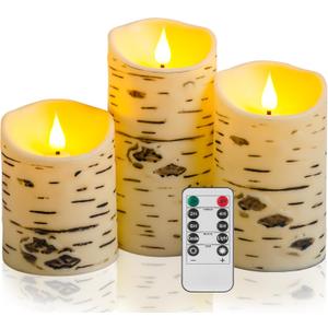 QQFCTOO Birch Bark Flameless Candles, Flickering Battery Operated LED Candles, Electric Plastic Pillar Candles with Remote & Timer, Rustic Farmhouse Home Decor, Wedding Centerpiece, Gift Set of 3 (6.3"D x 8.1"W x 3.1"H)