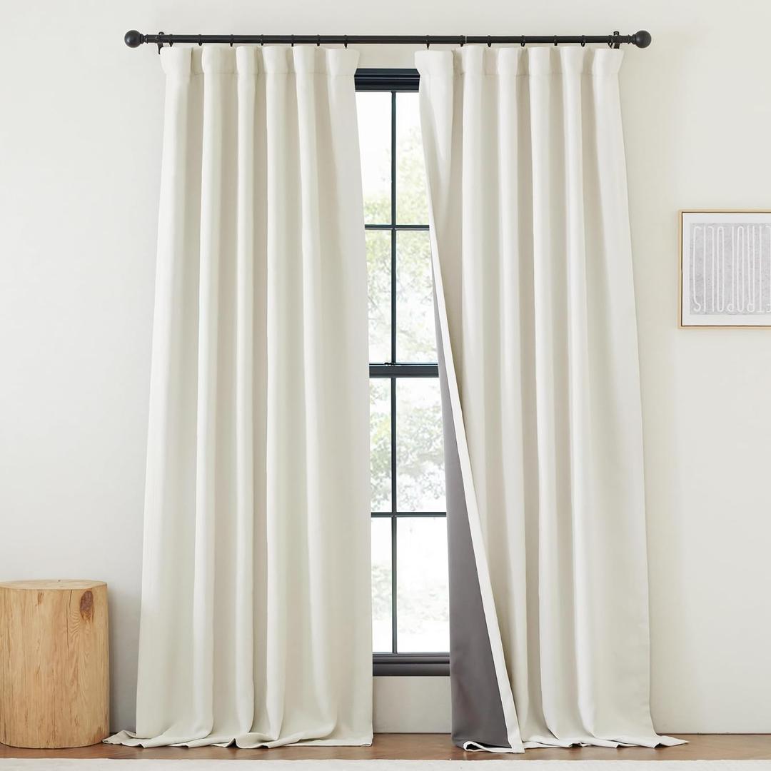 NICETOWN Faux Linen Thermal 100% Blackout Curtains for Living Room 96 inches Long, Rod Pocket/Back Tab/Hook Belt Room Darkening Noise Canceling Window Drapes for Bedroom, Natural, W50 x L96, 1 Panel