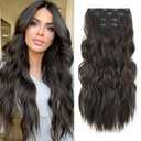 REECHO Hair Extensions, 4PCS Clip in Hair Extensions 24" Thick Long Beach Waves Dark Brown Invisible Lace Weft Natural Soft Synthetic Hairpieces for Women Dark Brown