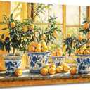 XLMDYYSW Lemon Wall Art Citrus Prints for Kitchen Wall Decor Yellow Fruit Pottery Canvas Picture Blue Classical Painting for Farmhouse Bathroom Framed (Orange, 12.00" x 18.00")