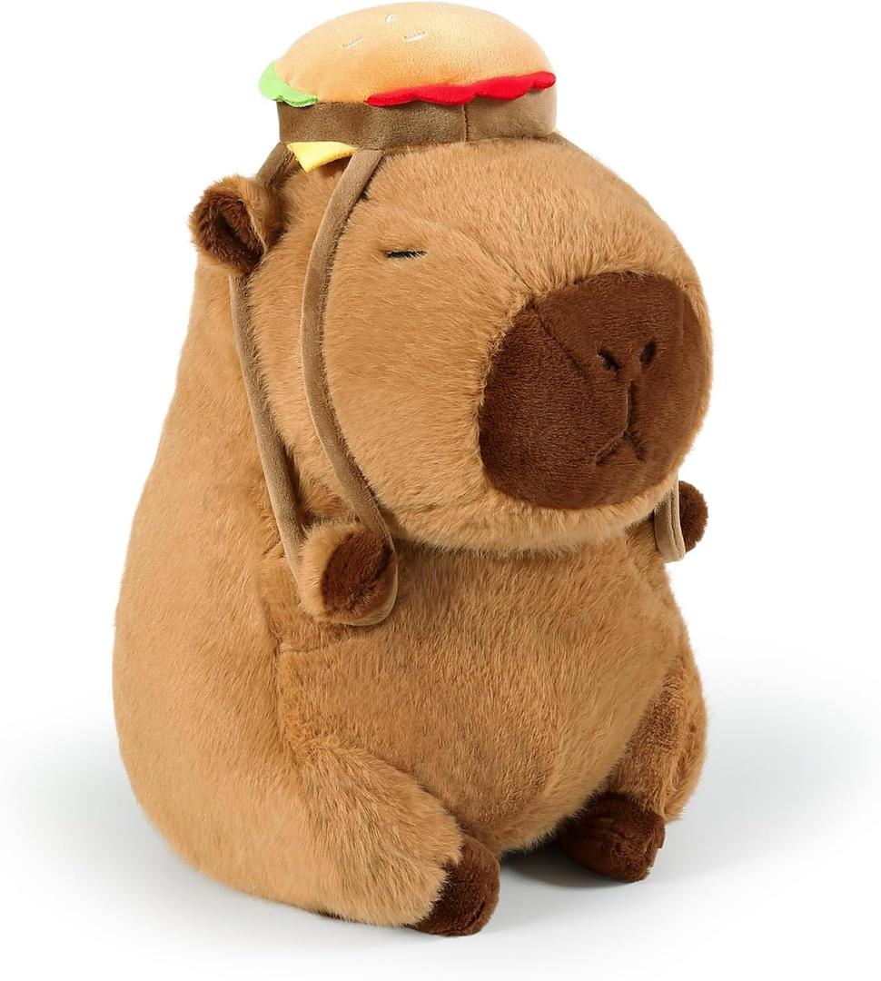 Ditucu Cute Capybara Plush with Hamburger Backpack Soft Capibara Stuffed Animal Plushies Toys Hugging Gifts for Kids Brown 9 inch