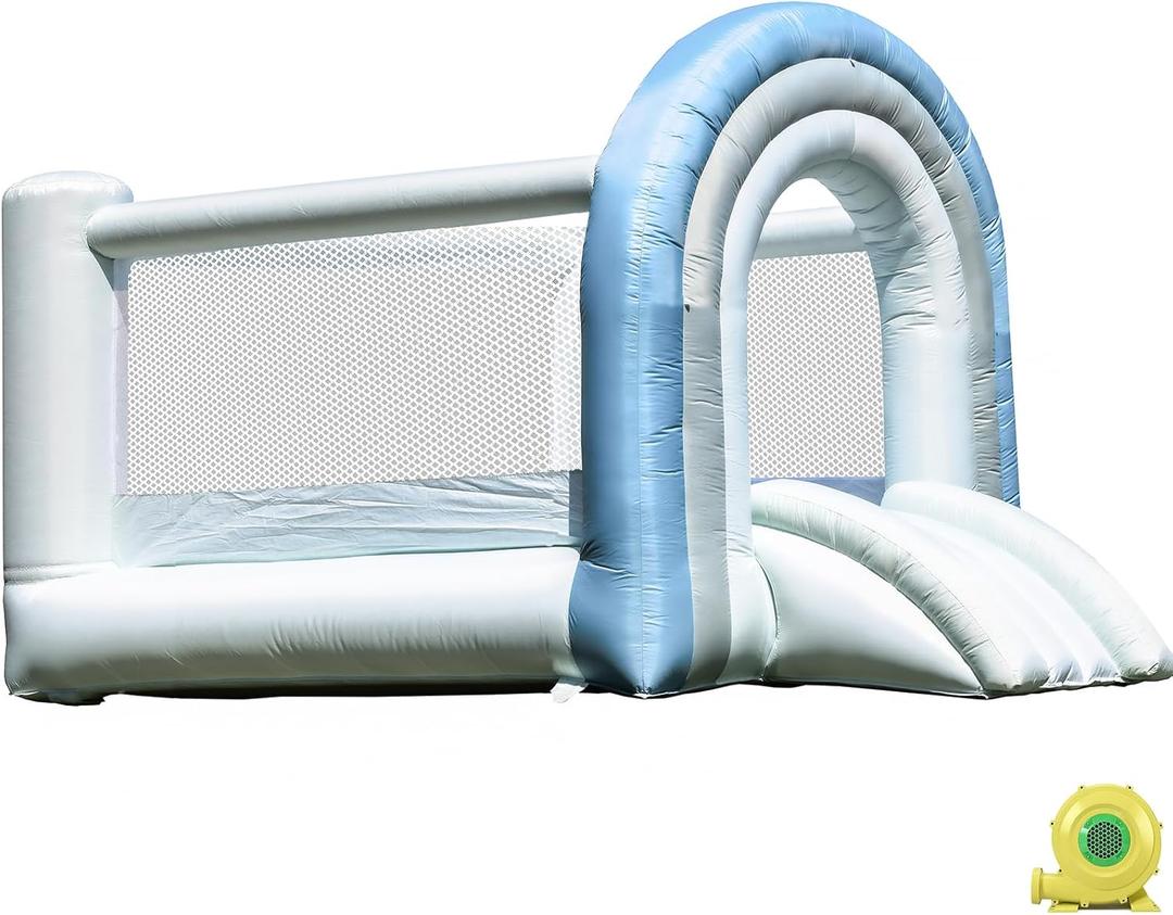 Bounce House, Inflatable Bounce House for Kids 3-8, White Blue Dream Bounce Castle with Blower, Large Jumping Area, Slide, Perfect Bouncer for Kids Party