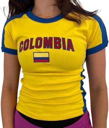 IDEWO Colombia Baby Tee Summer Crop Tops Y2k Clothes Mexico Jersey 90s Graphic Tee 2000s Going Out (US, Alpha, Medium, Regular, Regular, Colombia)