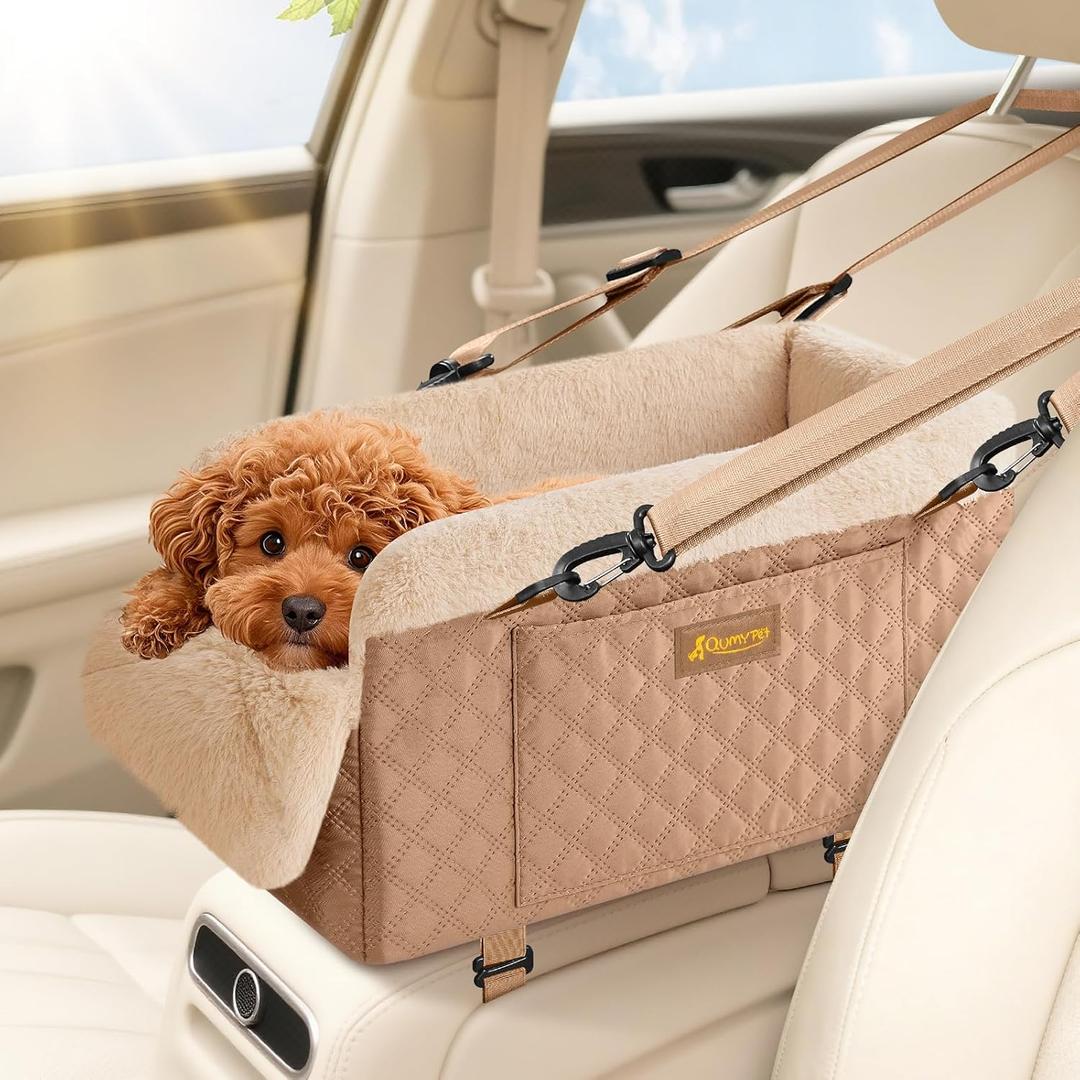 QUMY Dog Car Seats for Small Dogs Up to 11lbs, Portable Center Console Dog Booster Seat, Multi-Purpose Puppy CarSeat with Adjustable Safety Belt, Travel Pet Car Carriers for Small Dogs and Cat, Khaki