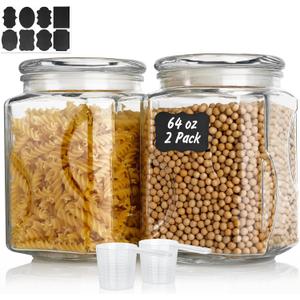 Glass Jars with Lids 64 oz, Airtight Silicone Seal & Non-Slip Design, Large Glass Storage Containers with Lids, Wide-Mouth Storage Containers for Kitchen, Laundry, Pantry & Office, Set of 2