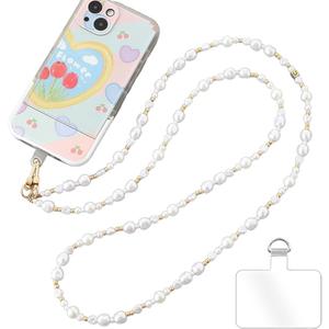Phone Chain Crossbody Pearl Strap,Pearl Beaded Chain Shoulder Crossbody Lanyard with Phone Tether Patches Compatible with Most Phones Bag Purse(H)