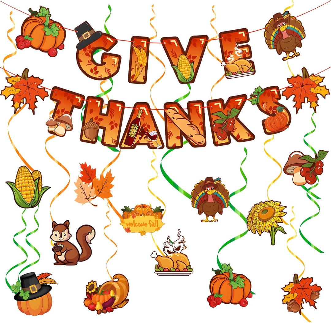 2 x Thanksgiving Decorations Hanging Swirl Pendant & Hanging Give Thanks Banner for Indoor Home Fall Party Decorations Thanksgiving Decor Office Classroom School Decor