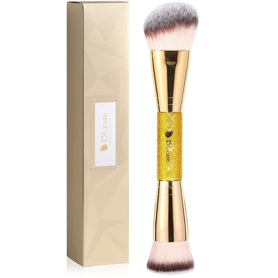 DUcare Dual End Foundation Contour Bronzer Brush, Gold Glitter Handle Double Ended Professional Face Makeup Tool for Liquid Cream Powder (D04)
