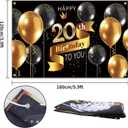 Happy 20th Birthday Backdrop Banner - 20 Birthday Party Decorations Supplies for Men - Black Gold 3.9 x 5.9ft