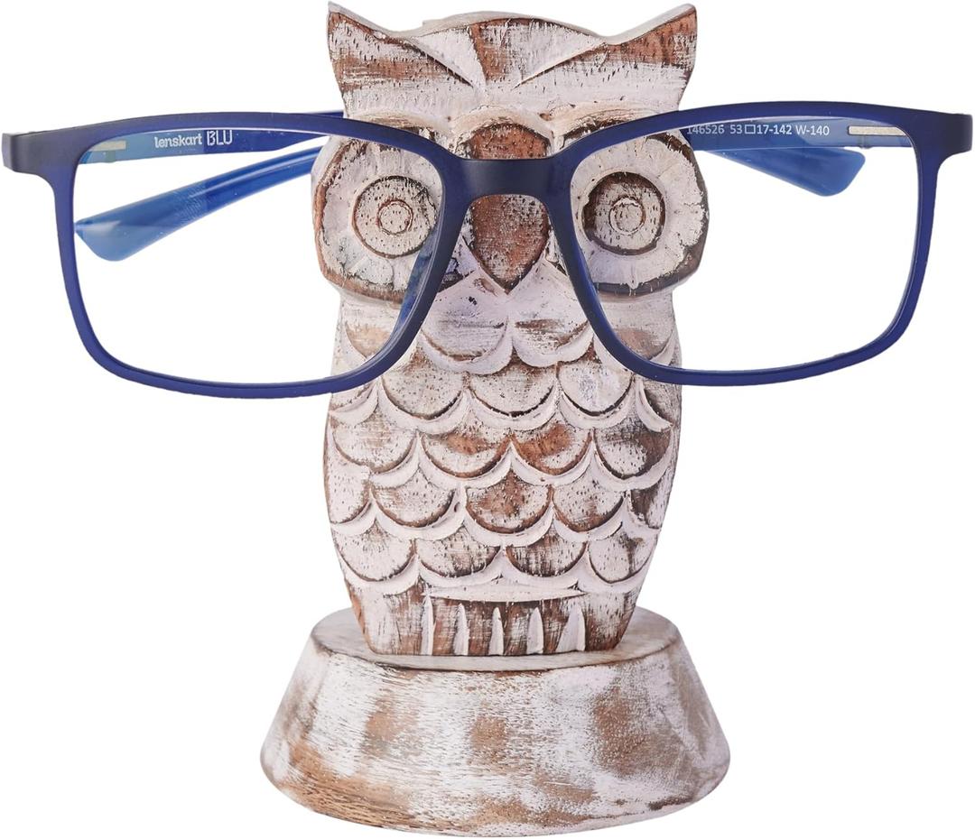 Birthday Gifts for Women Wooden Owl Glasses Holder Night Stand Reading Eyeglass Spectacle Retainer Gifts for Adults Women Men Him Her Mom Dad Car (White)