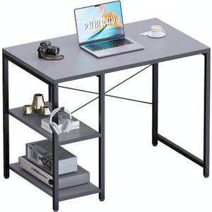 Pamray 32 Inch Small Computer Desk with Shelves, Home Office Desk with Headphone Hook for Bedroom, Study Writing PC Table for Small Spaces, Grey