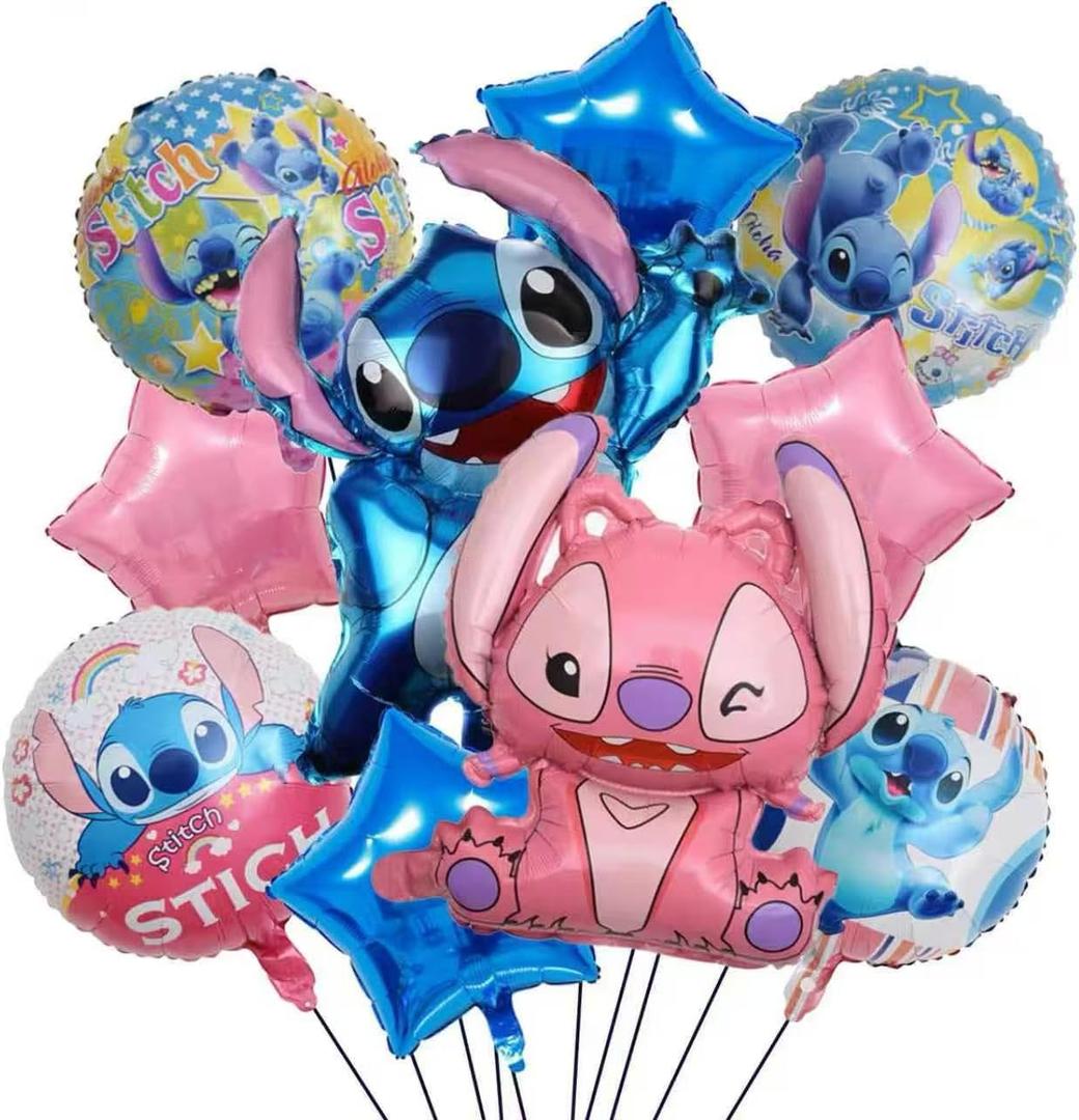 10-Piece Stitch Aluminum Balloon Set - Stitch & Classic Design, Vibrant 3D Cartoon Shape, Party Decoration Essential, Durable Foil Material