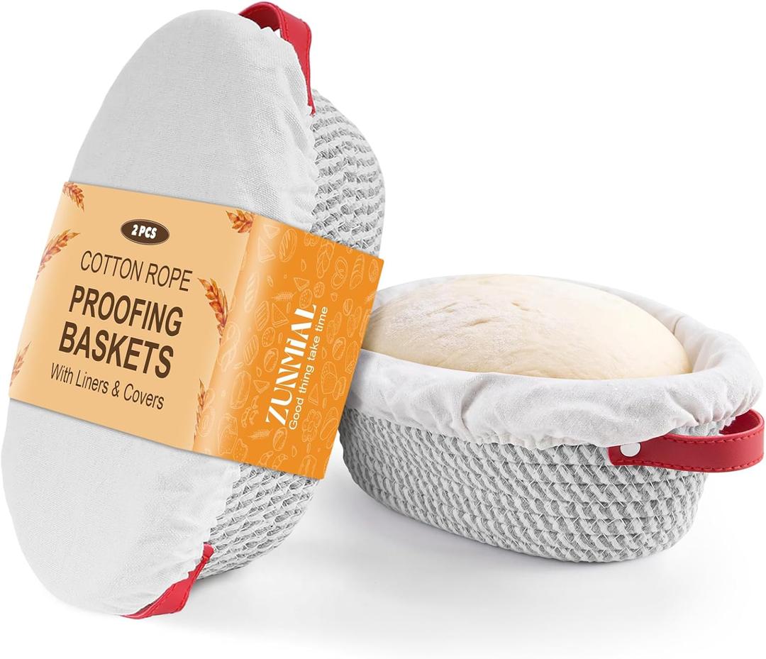 Banneton Bread Proofing Basket,10inch Oval Cotton Rope Sourdough Proofing Basket with Liners & Covers,for Bread Making Baking Fermentation (2 Pack)