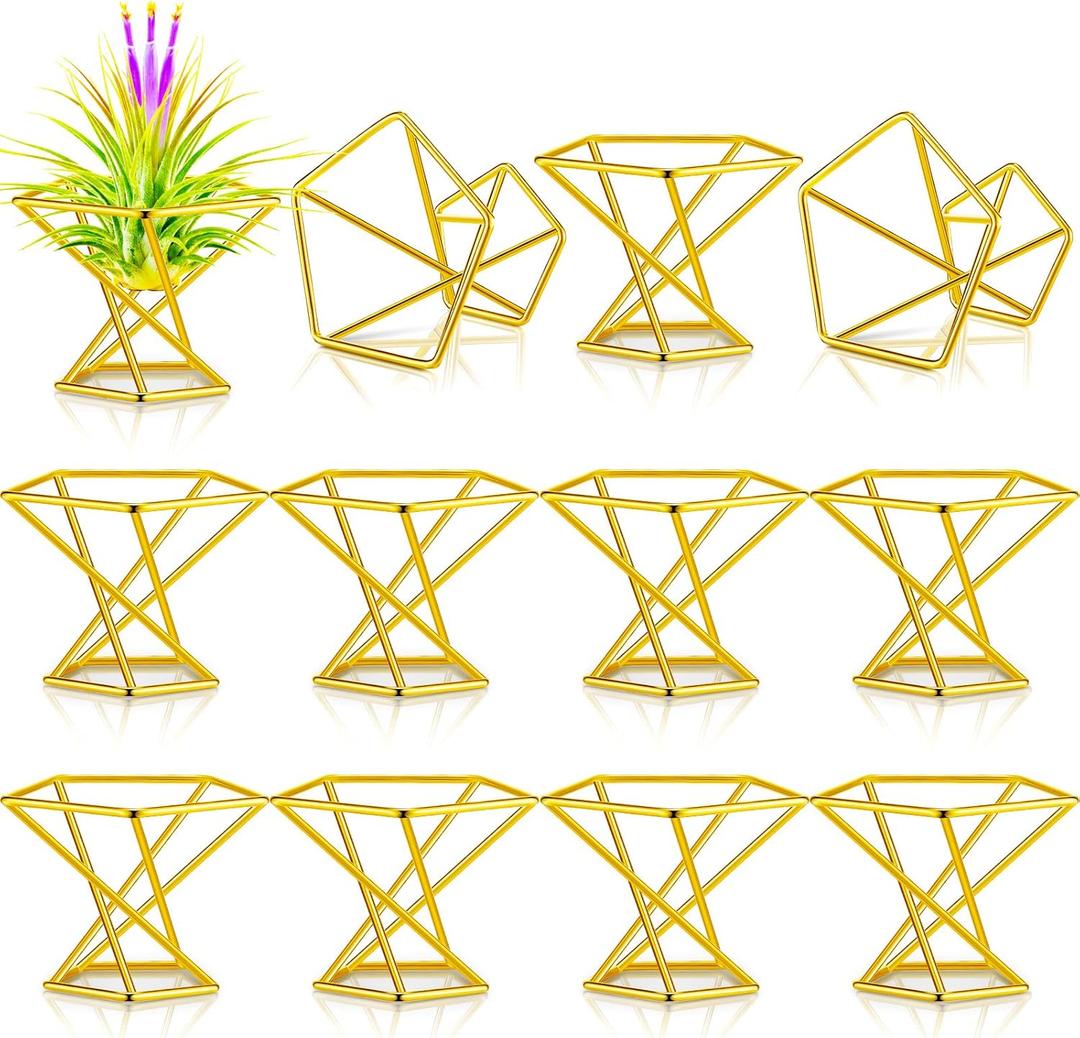 Funrous 12 Pcs Air Plant Holders Geometric Gold Airplants Rack Metal Geometric Decor Classic Modern Air Fern Plant Stands Mini Golden Planters Tillandsia Pot Containers for Office Home Wedding