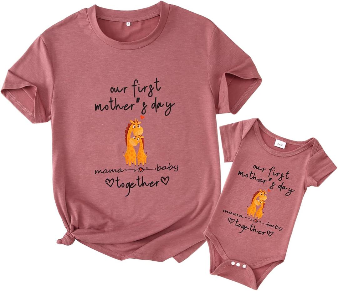 CM C&M WODRO Our First Mothers Day Mom Baby Matching Shirt New Mom Gift Newborn Infant Girl Romper Onesie Mommy and Me Outfit (X-Large, Mama-dark Pink)