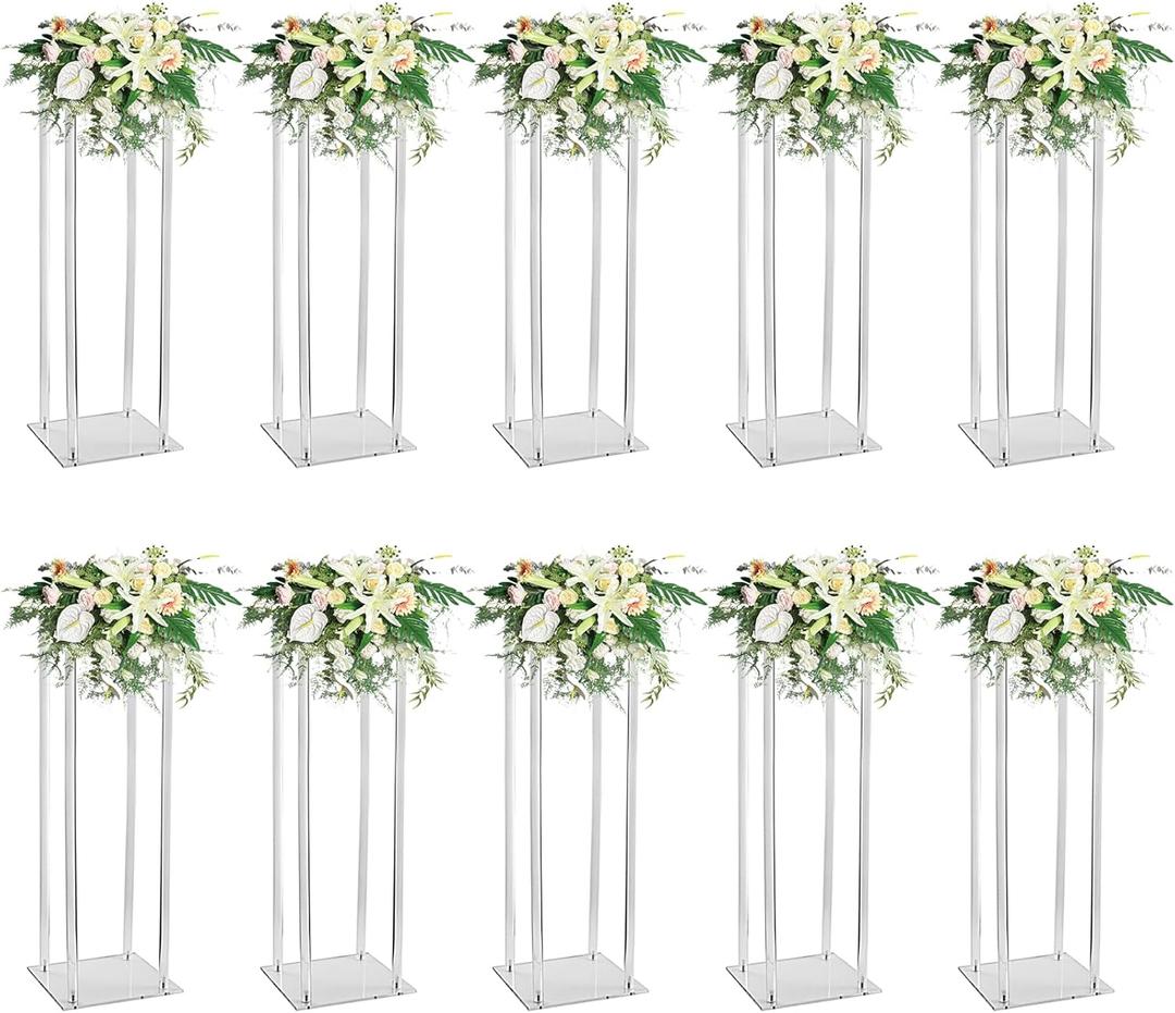 10 Pcs Acrylic Clear Vases for Wedding Centerpieces, 31.5" Tall Flower Stand, Engagement Home Party Table Decor Centerpiece Vases, Rectangular Acrylic Flower Stand with 50 Pcs Gold Napkin Rings