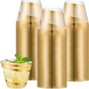 Gejoy 9 oz Rimmed Swirl Plastic Cups Disposable Wine Drinking Cups Clear Elegant Halloween Tumblers for Christmas Party Supplies(Gold, 24 Pcs)