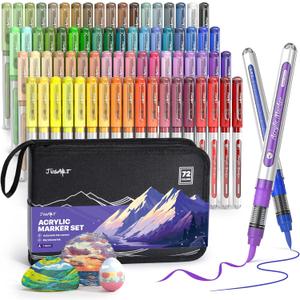 JusArt 72 Colors Acrylic Paint Markers with Canvas Bag, Water-Based No-Bleed Paint Pens with Automatic Ink Control, Waterproof Brush Tip Markers for DIY Art & Crafts -Fabric, Rock, Wood, Glass, Metal