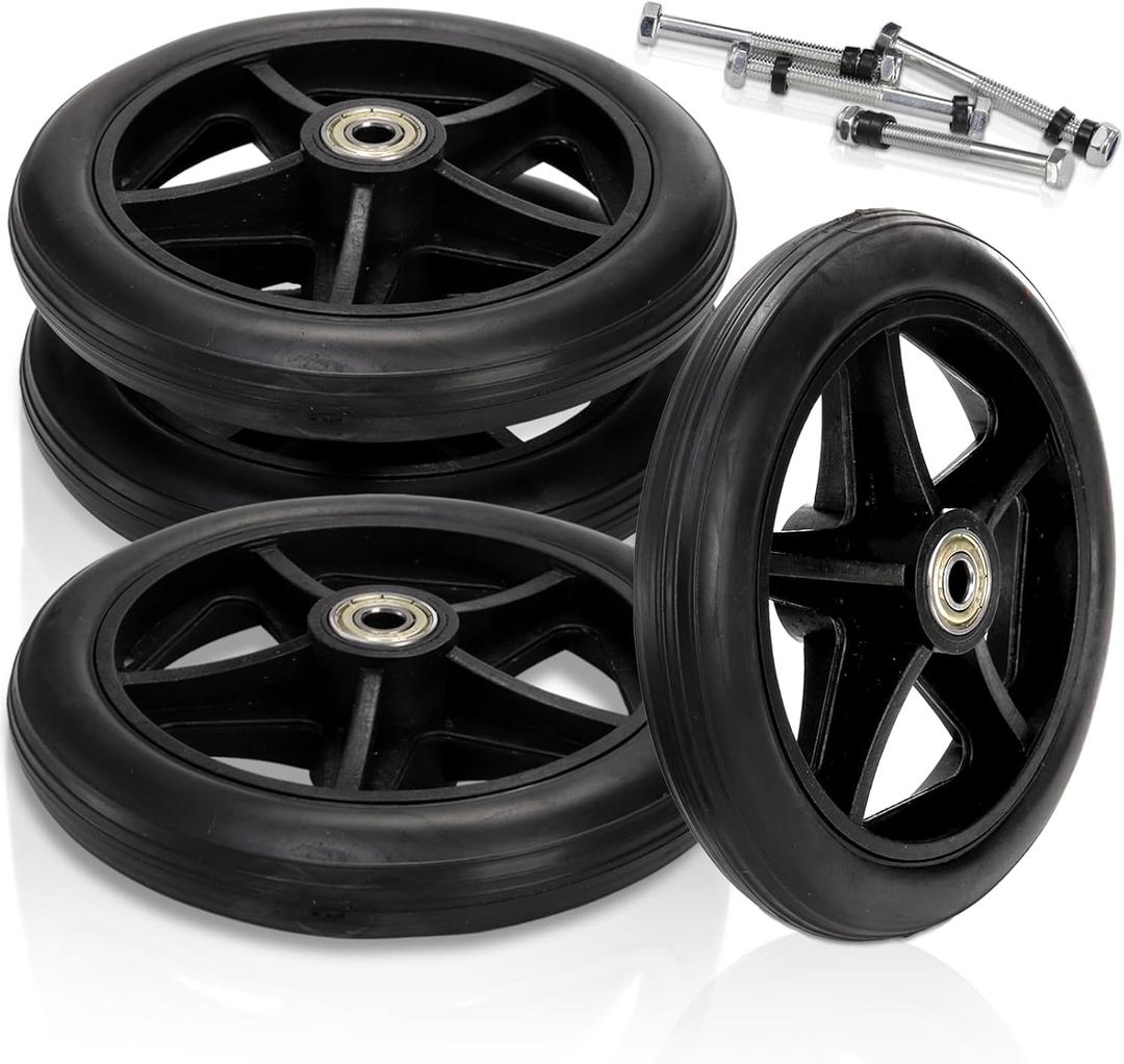 Covzoe 4 Pack 6 Inch Wheelchair Wheels Replacement, Anti Slip Solid Walker Wheels with 4 Axles, Heavy Duty Caster Roller Wheel Wheelchair Front Wheel Accessories, Safe Rolling for Most Floors, Black