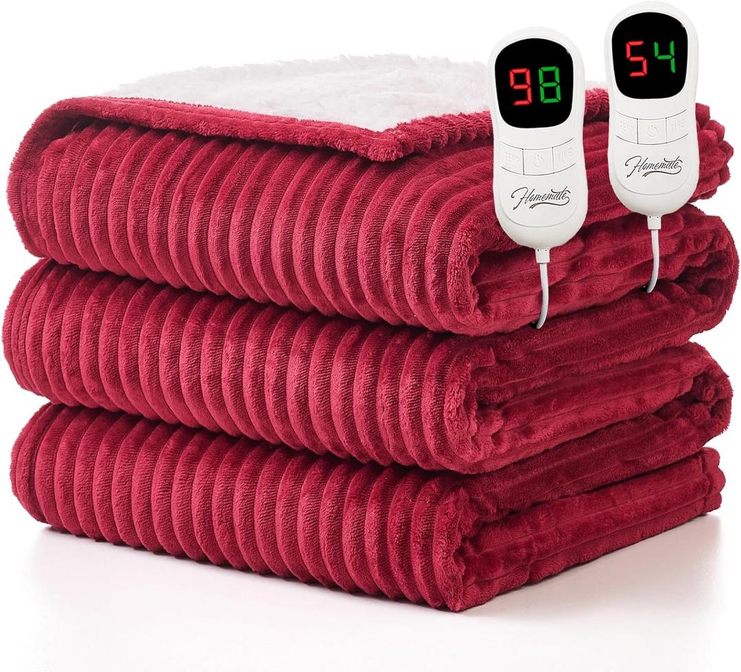 Homemate Electric Heated Blanket Queen Size - 84"x90" Heating Blanket Queen Size Dual Control 1/2/4/6/8 Hours Auto-Off 10 Heat Level Over-Heat Protection Soft Flannel Sherpa ETL Certification (Red (Striped))