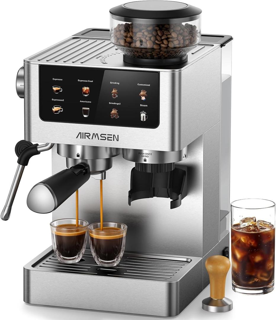AIRMSEN Espresso Machines with Burr Grinder, 20 Bar, Milk Frother Steam Wand, Stainless Steel Coffee Maker for Home - Cappuccino Latte & Cold Brew Iced Coffee Maker & Americano