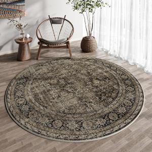 Brown Round Area Rug 3ft Entryway 3x3 Circle Vintage Indoor Kitchen Washable Door Mat Living Room Carpet Non Slip Traditional Distressed Retro Accent Throw Rug Office Dining Room Bathroom