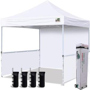 Eurmax USA 10'x10' Pop-up Booth Canopy Tent Commercial Instant Canopies with 1 Full Sidewall & 2 Half Walls and Roller Bag, with 4 SandBags + 2 Cross-Bar (White)