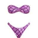 VOLAFA Women's Triangle Bikini Set Strapless Textured Bandeau Solid Cheeky Two Piece Swimsuit Bathing Suit (Small, Purple Plaid) (S)