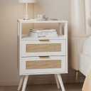 JOONEE Rattan Nightstand,Farmhouse Bedside Table with 2 Storage Drawer and Open Wood Shelf, for Bedroom and Small Spaces,Night Stand with Solid Wood Legs (White)