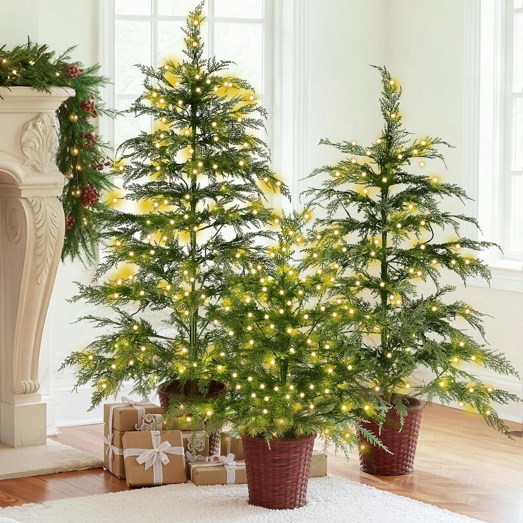 Cinnvoice Christmas 3ft 4ft 5ft Potted Pre-lit Twinkle LED Cypress Norfolk Artificial Christmas Tree, Faux Potted Plants with a Woven Basket Base for Front Porch Indoor Outdoor Decor(Cypress Tree)