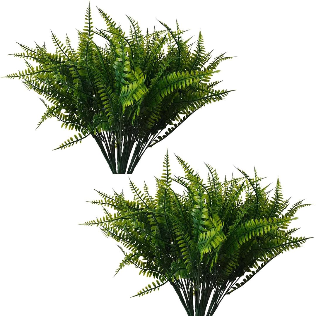 20 Bundles Artificial Plants, Fake Boston Fern Greenery Outdoor UV Resistant No Fade Faux Plastic Plants Garden Porch Window Box Decorating