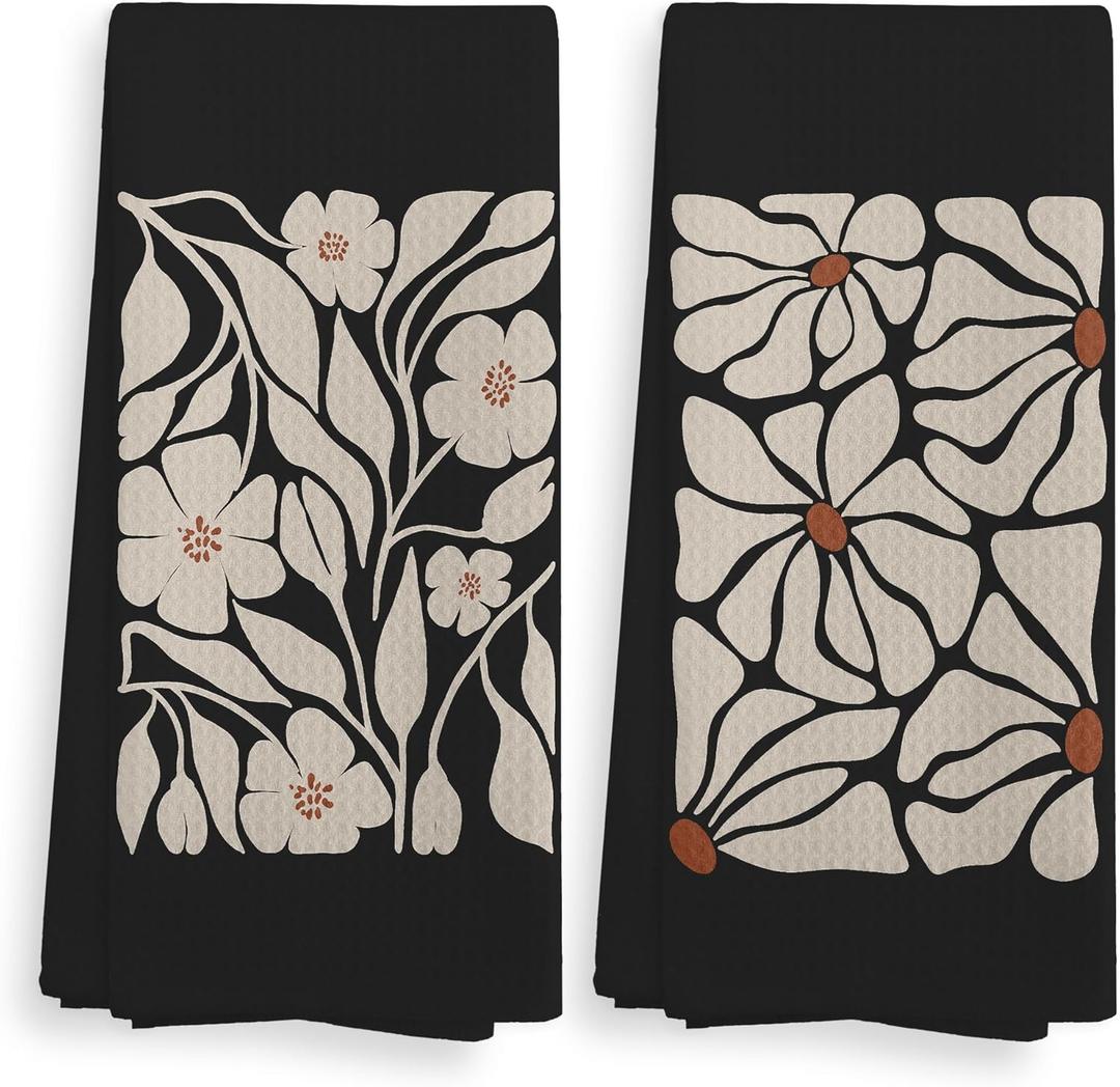 Black Floral Kitchen Towels and Dishcloths Set of 2, Floral Hand Towels, Boho Dish Towels, 1624 Inches