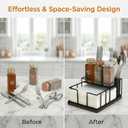 Napkin Holder for Table, 3-in-1 Wood & Metal Utensil Caddy, Cutlery Organizer & Spice Rack for Kitchen Counter, Dining, Outdoor Patio (Black)