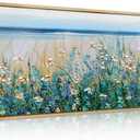 Large Blue Seaside Cyan Floral Wall Painting wildflower Blossom Art Framed Artwork for Living Room Bedroom 20x40 Inch
