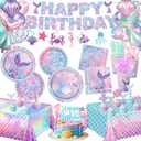Mermaid Birthday Decorations Include Plates, Napkins, Cups, Cutlery, Hanging Swirls, Banner, Cake & Cupcake Toppers, Balloons, Tablecloth for Mermaid Party Decorations, Serve 20