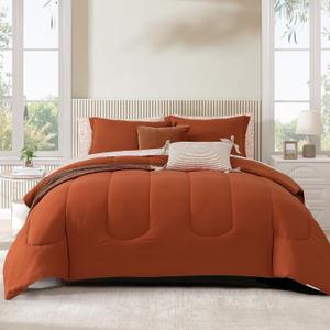 Monbix King Size Comforter Set - 7 Pieces Bed in a Bag King, Burnt Orange Track Stitching Bedding Sets, All Seasons Comforter Bed Set with Sheets